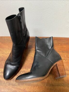 Aldo Black Leather Mid-Calf Block Heel Ankle Boots